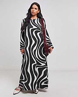 Mono Print Rib Flare Sleeve Cosy Maxi Dress