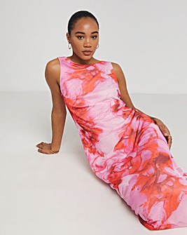 Pink And Red Floral Print Mesh Maxi Dress