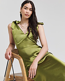 Olive Tie Strap Satin Maxi Slip Dress