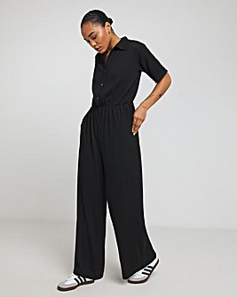 Black Waffle Button Up Wide Leg Jumpsuit With Pockets