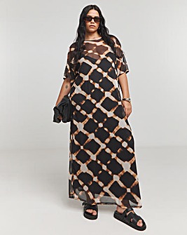 Black Tie Dye Check Print Mesh T-Shirt Maxi Dress