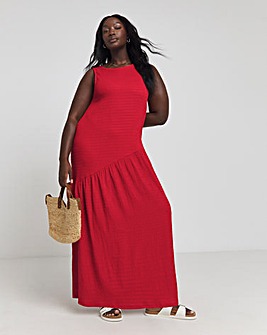 Red Textured Jersey Asymmetric Maxi Dress With Bow Back