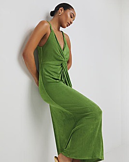 Green Slinky Knot Detail Plait Strap Midaxi Dress