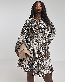 Snake Print Long Sleeve Smock Shirt Dress