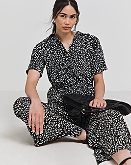 Black Printed Waffle Button Up Wide Leg Jumpsuit With Pockets