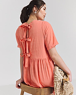 Coral Check Bow Detail Smock Dress