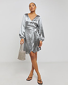 Grey Satin Tie Front Long Sleeve Dress