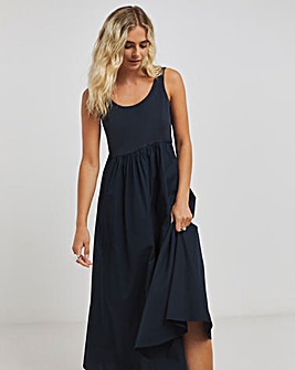 Navy Jersey Poplin Mix Apron Dress With Pockets