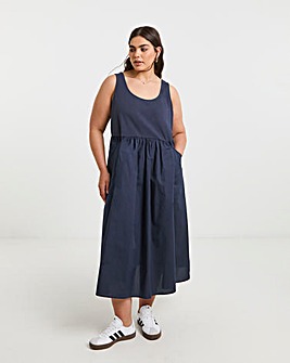 Navy Jersey Poplin Mix Apron Dress With Pockets