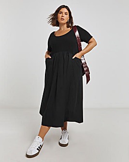 Black Jersey Poplin Mix Apron Dress With Pockets