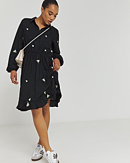 Black Embroidered Ditsy Floral Shirt Dress