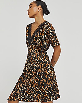 Leopard Print Waffle Lace Trim Skater Dress