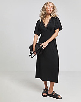 Black Waffle Lace Trim Midi Dress