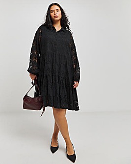 Black Lace Smock Shirt Dress