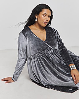 Silver Grey Velour Hotfix Smock Dress