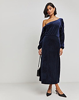 Navy Velour Hotfix Draped Midaxi Dress