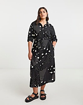 Black Spot Print Spun Viscose Belted Shirt Dress