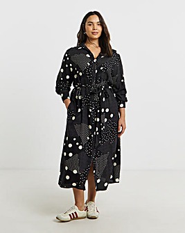Black Spot Print Spun Viscose Belted Shirt Dress