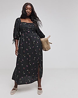 Black Floral Print Soft Volume Midi Dress