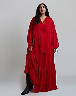 Red Tiered Romantic Maxi Dress With Tie Detail