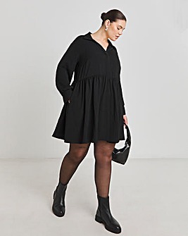 Black Herringbone Twill Smock Dress With Pockets