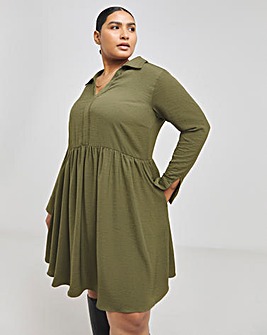 Khaki Herringbone Twill Smock Dress With Pockets