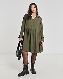 Khaki Herringbone Twill Smock Dress With Pockets