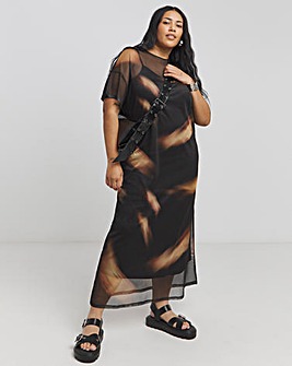 Black Blurred Printed Mesh T-Shirt Dress