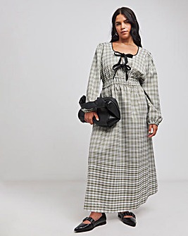 Khaki Check Bow Front Detail Midi Dress