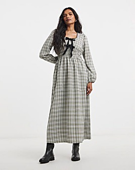Khaki Check Bow Front Detail Midaxi Dress