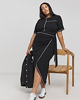 Black Short Sleeve Exposed Seam Midaxi Wrap Dress