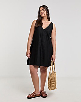 Black Textured Jersey Smock Dress With Tie Back