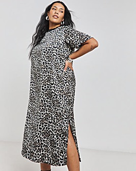 Leopard Print Satin Midi T-Shirt Dress