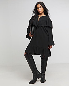 Black Crinkle Georgette Frill Smock Dress