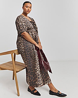 Leopard Print Bow Front Midaxi Dress With Pockets