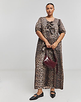 Leopard Print Bow Front Midaxi Dress With Pockets