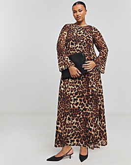 Leopard Long Sleeve Mesh Maxi Dress With Scoop Back