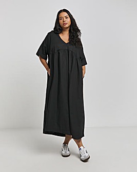 Black Cotton Collared Midi Dress With Pockets