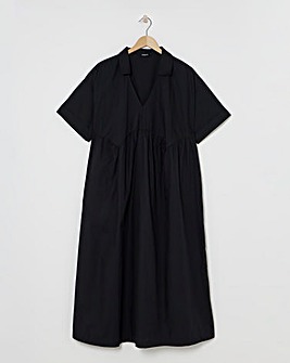 Black Cotton Collared Midi Dress With Pockets