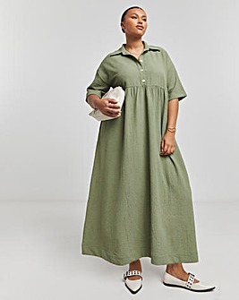 Khaki Utility Midi Shirt Dress With Pockets