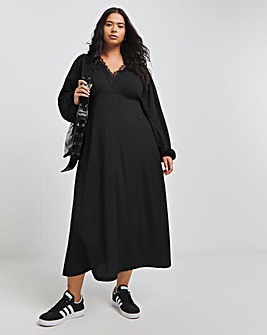 Black Long Sleeve Waffle Lace Trim Midi Dress