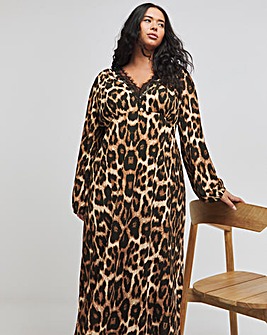 Leopard Print Long Sleeve Waffle Lace Trim Midi Dress