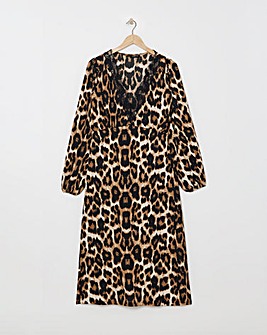 Leopard Print Long Sleeve Waffle Lace Trim Midi Dress