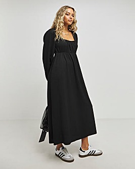 Black Square Neck Textured Waffle Jersey Midi Dress