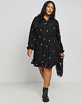 Black Floral Embroidered Shirt Dress