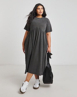 Acid Wash Jersey Smock Midi Dress With Pockets