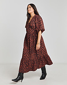 Animal Print Puff Sleeve Woven Wrap Midi Dress