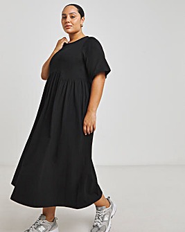 Black Jersey Smock Midi Dress With Pockets