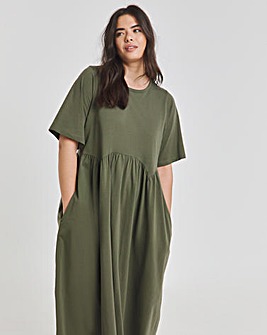 Khaki Jersey Smock Midi Dress With Pockets