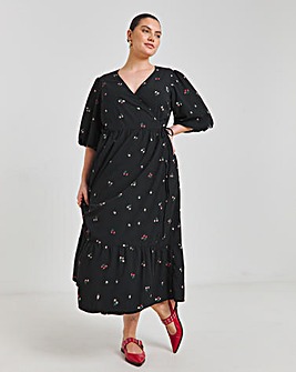 Ditsy Print Puff Sleeve Woven Wrap Midi Dress